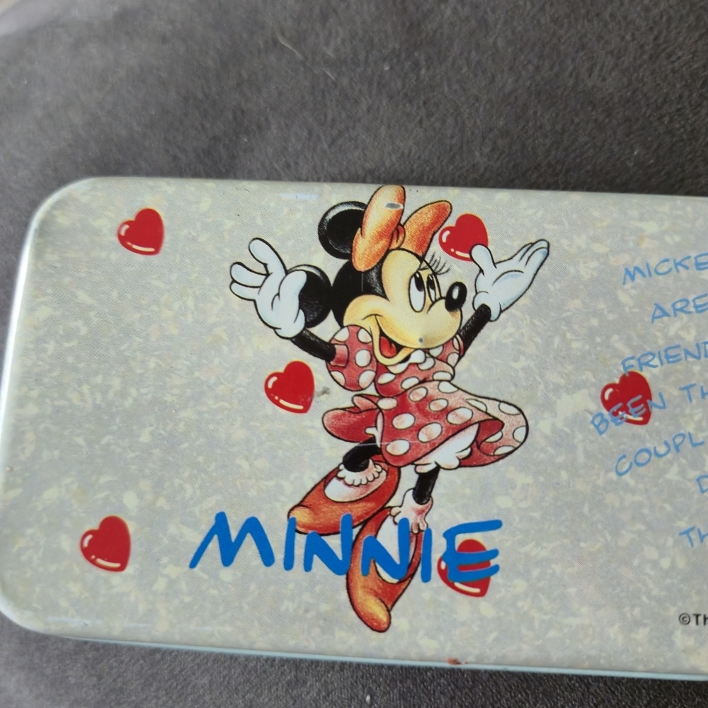 Disney Vintage 90s Mickey Minnie Mouse Tin Pencil Case Heart Graphic Rare Ellon - Picture 6 of 11